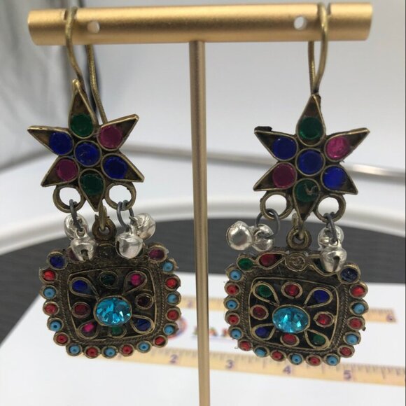 Afghan Oversized Dangle Earrings With Multicolor Glass Stones, Afghan Earrings - Picture 9 of 9